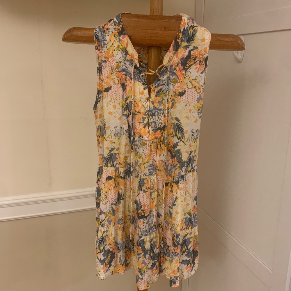 Anthropologie Floreat Anafa Tiered Tank Top Lace-Up Yellow Orange Floral 6